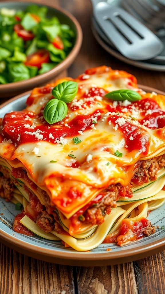 A delicious keto lasagna with zucchini noodles, ground beef, marinara sauce, topped with melted cheese, on a rustic wooden table.